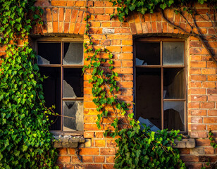 Sunset Light on Ivy-Covered Broken Windows