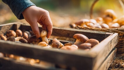 Fototapeta na wymiar Hand picking fresh mushrooms from wooden crate basket outdoors foraging harvest