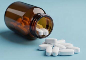 A brown glass medicine bottle tipped over with white oval pills spilling out onto a blue surface