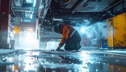 Bus Mechanic Tightening Bolts Under Vehicle in Cold Garage