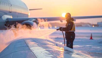 Airplane Ground Crew Spraying De-Icer on Wing at Sunrise