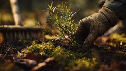Hand planting seedling in soil close up view for environmental protection