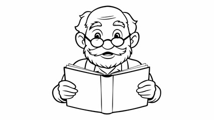 Grandfather reading a storybook with a joyful expression in a monochrome illustration