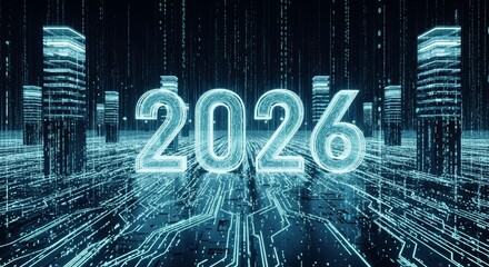 Futuristic digital circuit landscape showcasing the year 2026 with data streams