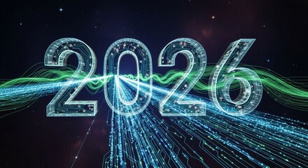 Futuristic circuit board design showing year 2026 in digital landscape