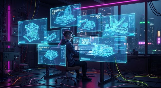 Futuristic designer creating 3D vehicle projections in neon-lit studio