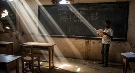 Fototapeta premium Hopeful learning: Sunlight illuminating a young student reading in rustic classroom