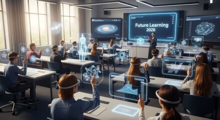 Advanced educational environment: Students use AR glasses for interactive learning