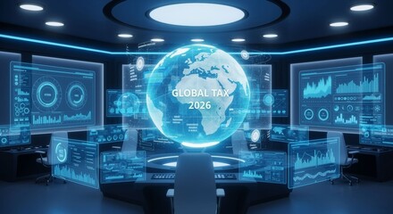 Futuristic command center visualizing global taxation trends and projections