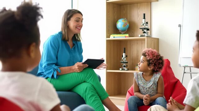 Smiling female teacher in blue blouse engages diverse young children on colorful beanbag chairs in a bright, modern classroom with natural light and lens flare. Concept of modern education
