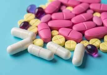 A closeup view of various colorful pills and capsules scattered on a bright blue surface