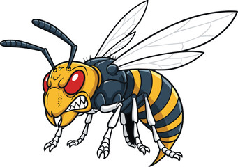 Angry cartoon wasp insect with sharp stinger, flying hornet mascot, aggressive yellow black stripes, detailed wings, vector illustration, dangerous bug, white background, attack pose