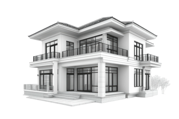 Sleek two-story white home with balconies, modern design, transparent background