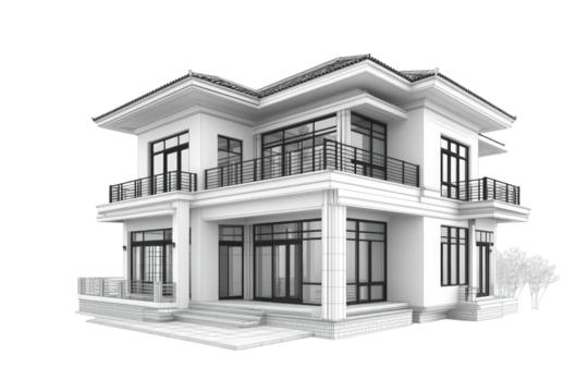 Sleek two-story white home with balconies, modern design, transparent background