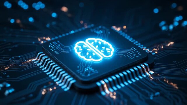 Glowing blue brain icon on a futuristic computer chip, symbolizing artificial intelligence and advanced technology vector illustration