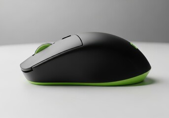 A modern black and green computer mouse with a sleek design rests on a reflective surface