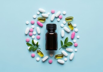 A dark brown bottle is surrounded by a colorful array of white, pink, yellow, and green pills and supplements