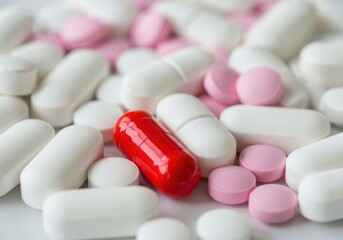 A vibrant collection of red, pink, and white pills and capsules are scattered across a white surface