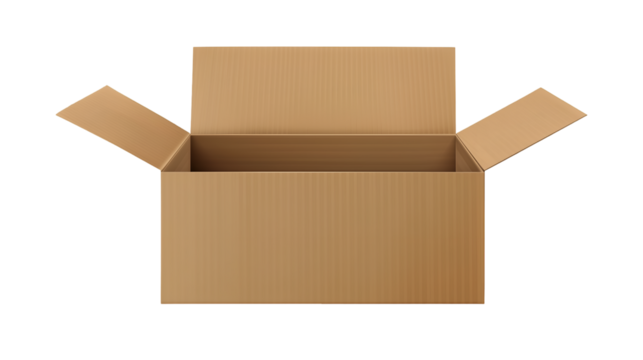 Open corrugated box made of brown cardboard, ready for packing or shipping, standing against a stark black background.