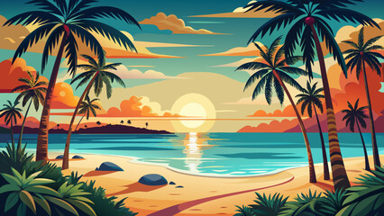 Obraz premium Very beautiful sunrise view of Smathers Beach in Key West, framed by tall palm trees and golden light reflecting on tranquil turquoise waters. 