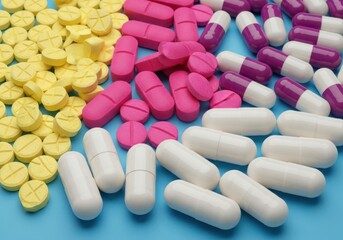 A vibrant assortment of yellow, pink, purple, and white pills and capsules are scattered on a blue background