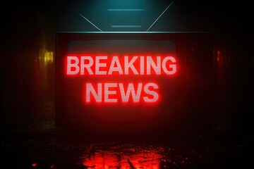 An old CRT television with red neon text "BREAKING NEWS" on the screen, reflecting on a wet floor in the darkness