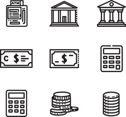 Collection of Financial and Banking Icons Including ATM Machine Bank Building Money Bills and Calculators