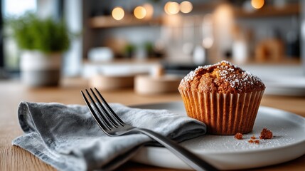 Cozy setup with a delicious muffin on a white plate
