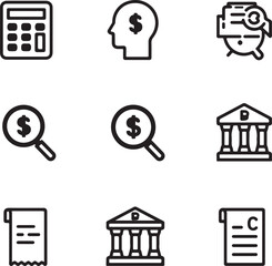 Nine black and white icons related to finance and business including calculator money search and bank