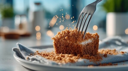 Decadent dessert cake with white filling and crumbs