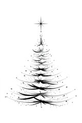 Minimalist and elegant Christmas tree, created from black curved lines and strokes , topped with a star, symbolizing Christmas and New Year, on a white isolated background