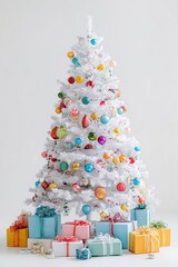 Modern white Christmas tree, decorated with bright, multicolored baubles in a retro or pastel style, surrounded by gifts in blue, pink, and yellow boxes, against a white background