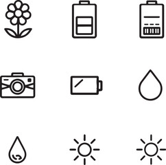 Nine simple outline icons featuring nature, technology, and energy elements collection flower