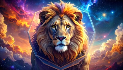 Fototapeta premium A majestic lion peers forward from within a geometrical shape, surrounded by vibrant nebulae, starlight, and celestial colors