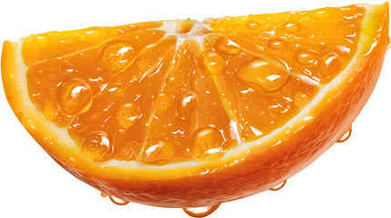Bright juicy orange segment glistening with water droplets, showcasing freshness and vibrant citrus fruit details in close-up.