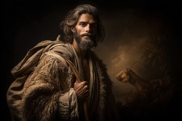 Artistic portrait of a biblical shepherd or John the Baptist with a beard and long hair, in rough clothing, with a staff and sack, looking straight, a sheep nearby against a dark background