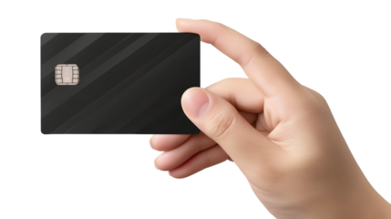 Hand holding a sleek, black payment card with a prominent chip, set against a dark background. Modern finance concept.