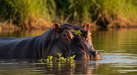 Fototapeta premium Hippopotamus in Water - A Close-Up of Wildlife in Its Natural Habitat.