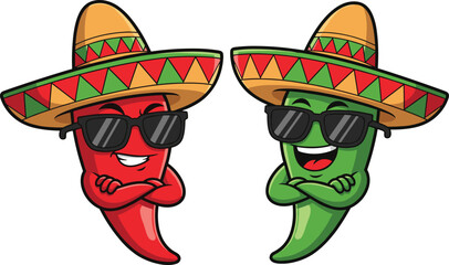 Funny cartoon chili peppers with sombrero hats, red and green characters, cool sunglasses, Mexican food mascot, spicy vegetable vector, fiesta theme, cultural illustration, fun art