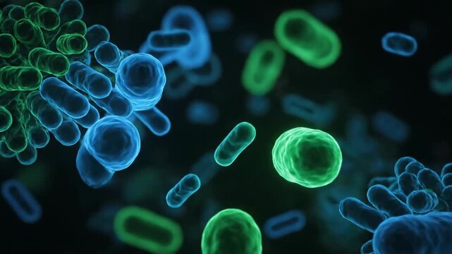 Microscopic Bacteria Cells - This stock video depicts a close-up, abstract view of microscopic bacteria or cells. The cells are video in blue and green hues, floating against a dark background.