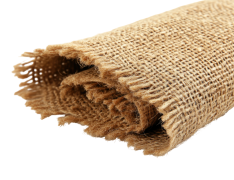 Rolled coarse woven burlap with frayed edges isolated on a black background