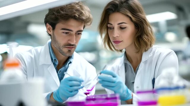 Hispanic Male Materials Science Researcher And Middle Eastern Female Biomedical Engineer Testing Biocompatible Polymers In Medical Laboratory. Man Analyzing Bio-Ink Properties On M