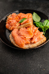sandwich salmon smoked fish open sandwich delicious fresh portion size natural product tasty snack fresh delicious gourmet food background on the table rustic top view copy space pescetarian diet