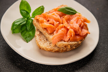 sandwich salmon smoked fish open sandwich delicious fresh portion size natural product tasty snack fresh delicious gourmet food background on the table rustic top view copy space pescetarian diet
