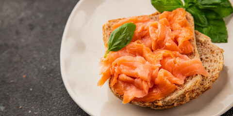 sandwich salmon smoked fish open sandwich delicious fresh portion size natural product tasty snack fresh delicious gourmet food background on the table rustic top view copy space pescetarian diet
