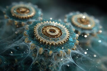 Close-up of three fantastic golden gears surrounded by a turquoise-blue organic-technological fractal structure with glitter and glow, symbolizing nanotechnology and AI