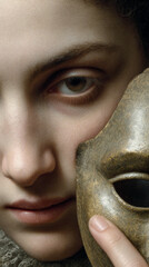 Mysterious portrait in the style of a mystical carnival, close-up of a woman with a mask covering her face, the aesthetics of decadence and mystery, art style