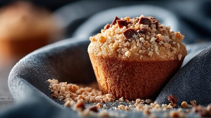 Close-up view of a freshly baked muffin on textured fabric