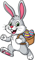 Happy cartoon Easter bunny carrying colorful eggs, cute rabbit mascot, spring holiday character, joyful expression, festive celebration, vector illustration, children theme