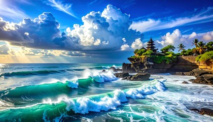 A picturesque coastal scene featuring an ancient temple perched on a rocky cliff, turquoise waves crashing, vibrant blue sky
